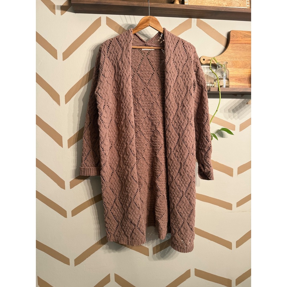 Moon & Madison Cardigan Sweater Womens Medium Tan Pointelle Knit Longline Duster